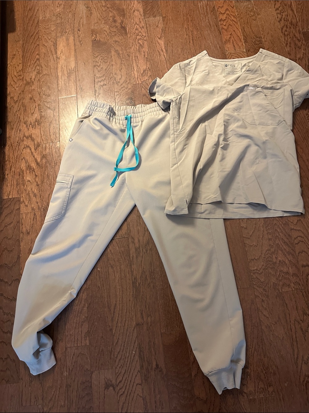 Figs woman’s Jogger Pants in Light Tan with Teal Drawstring